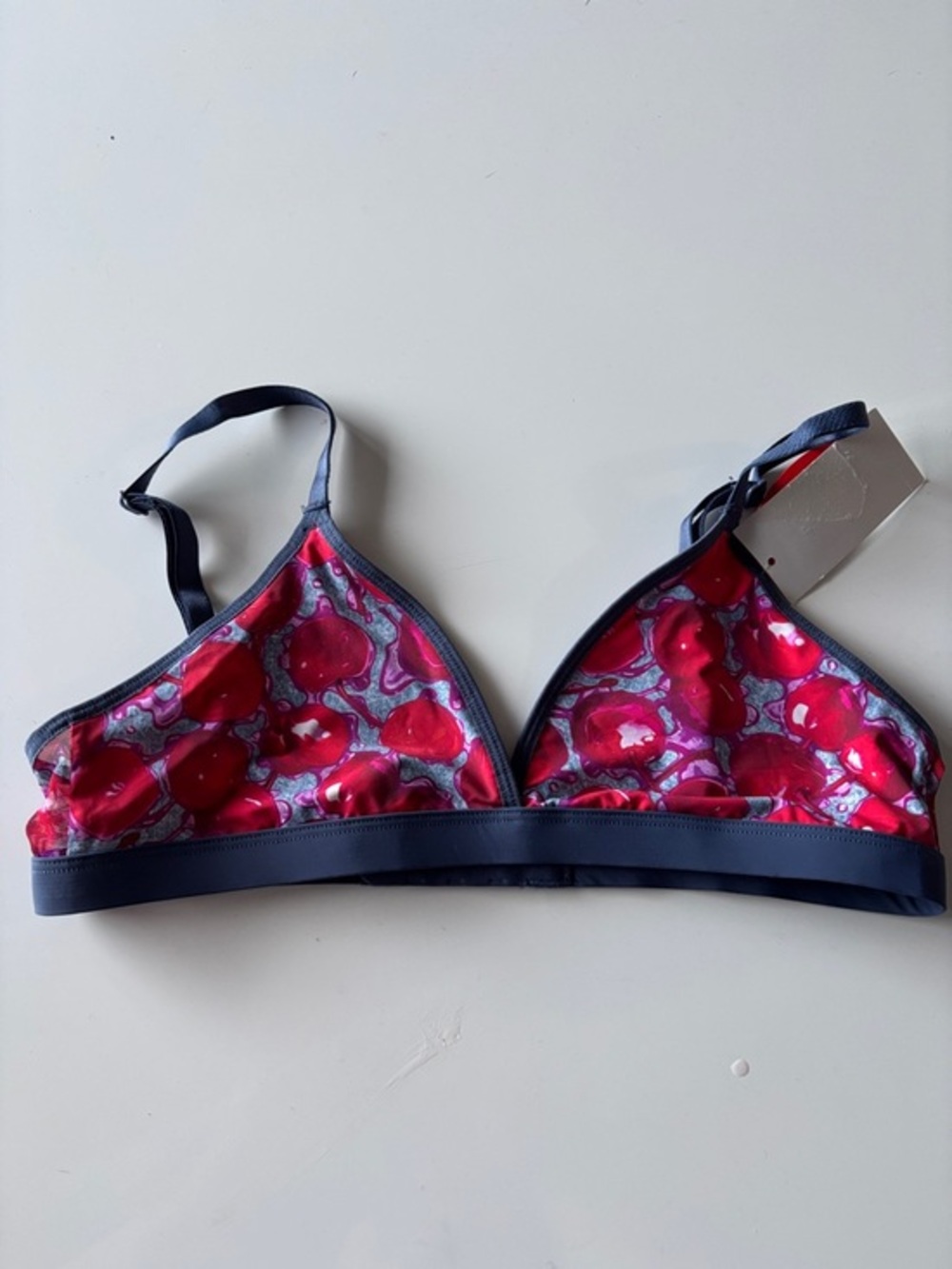 Women's Red Floral Triangle Bralette with Navy Trim
